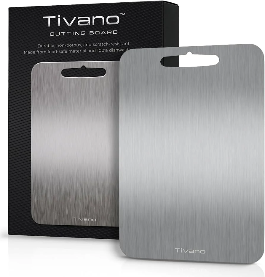 Tivano cutting board and its black branded packaging