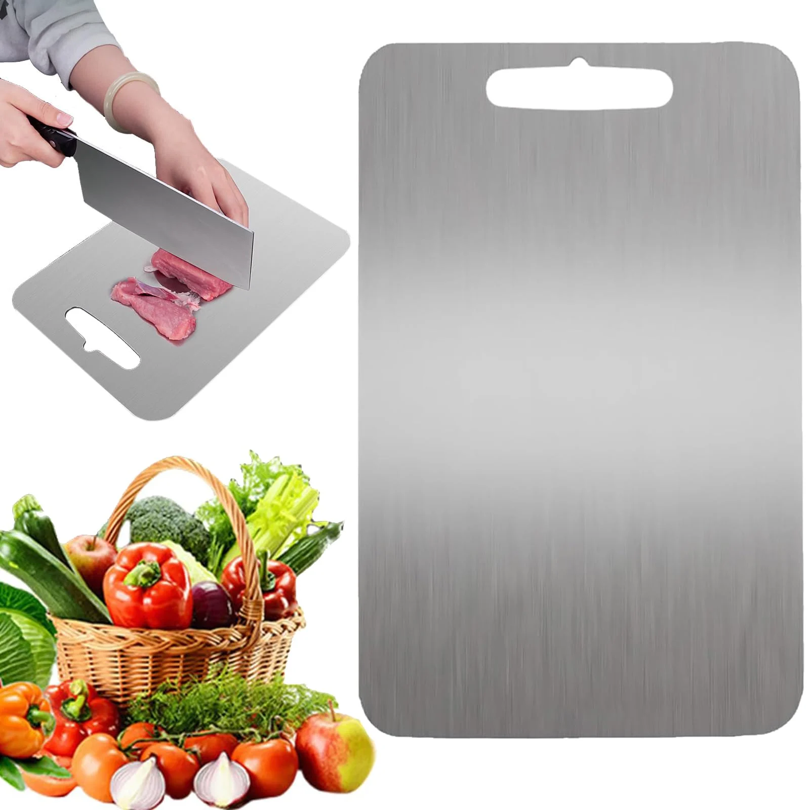 Silver cutting board with meat preparation and fresh vegetables